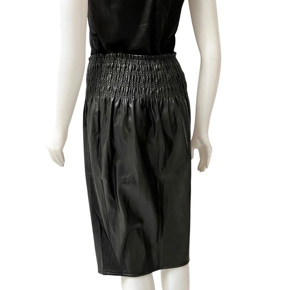Proenza Schouler Black Vegan Leather Smocked Midi Skirt Office Siren Old Money S